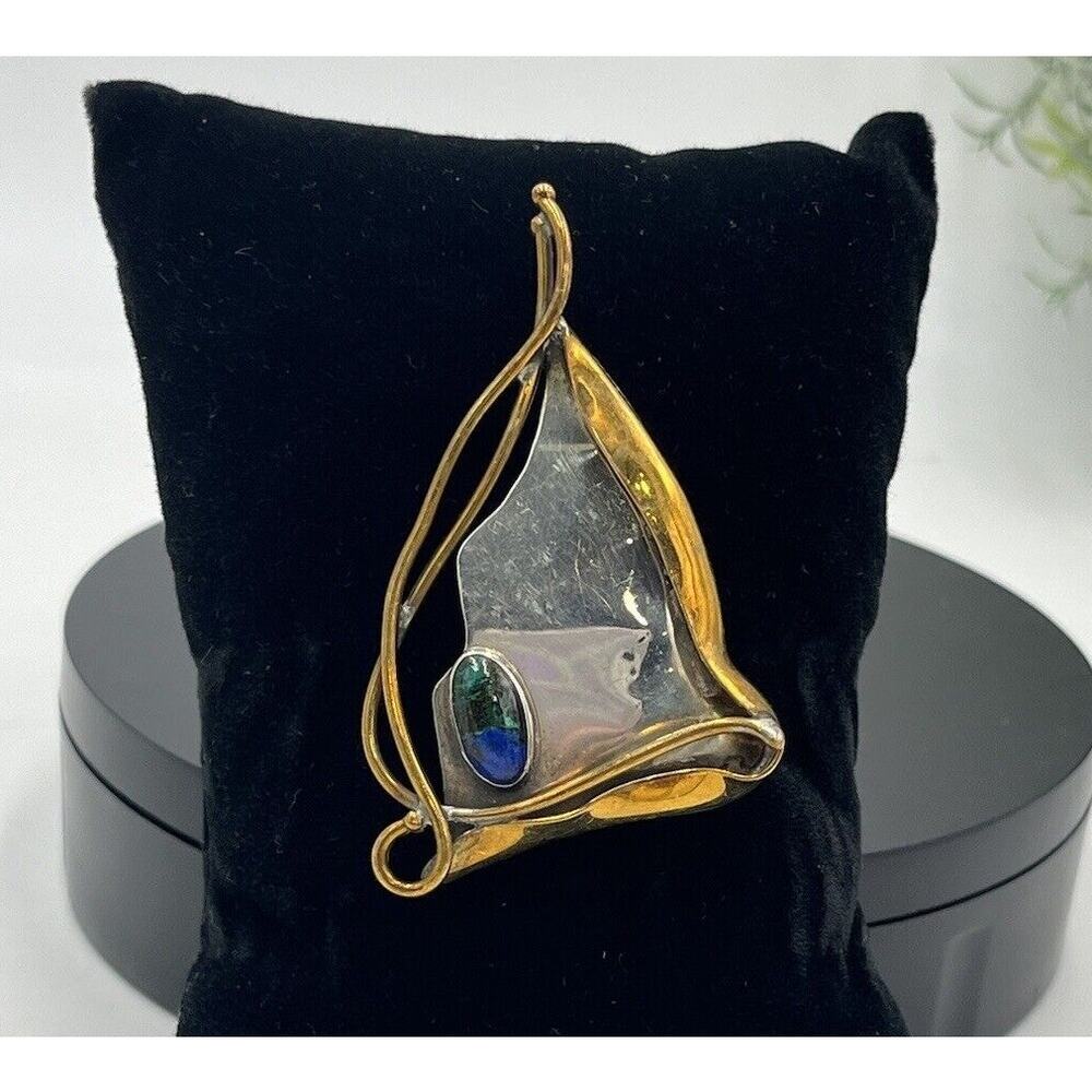 Carrie Groves Azurite Chrysocolla Brutalist Signed Sterling Silver Brass Brooch